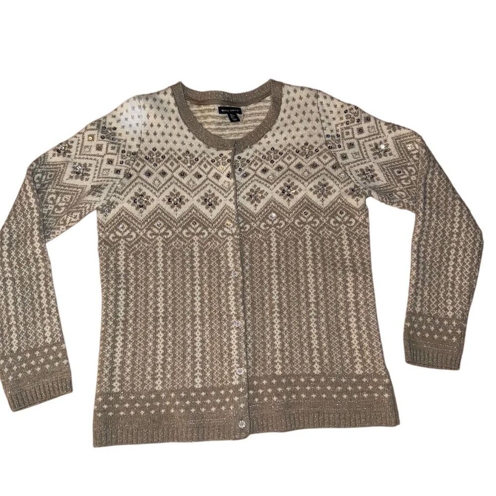 Willi Smith Women's Fair Isle Wool Blend Cardigan‎ Sweater L Multicolor Beaded